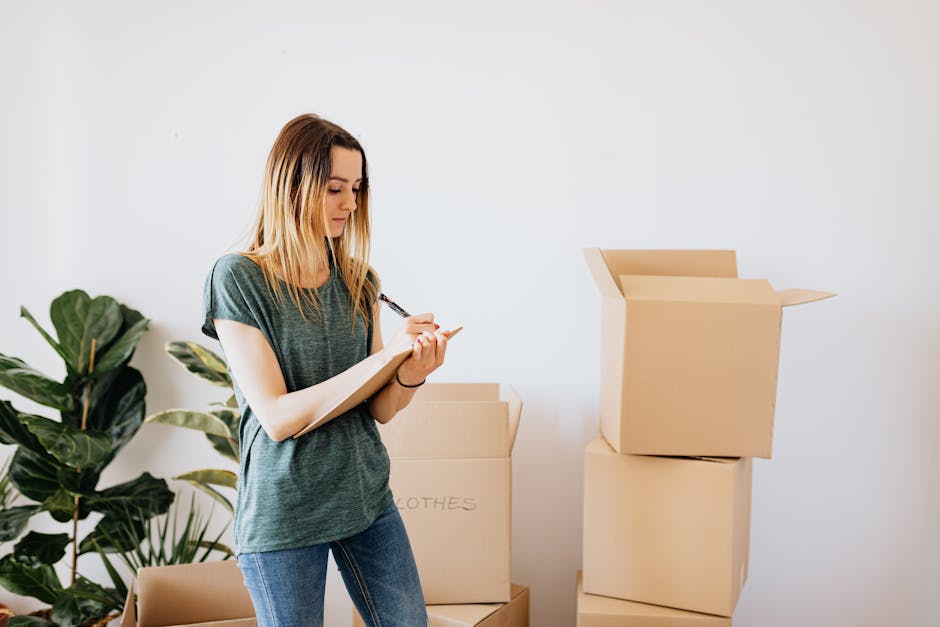 A man with a curly afro hairstyle and a full beard wearing a blue T-shirt is inside a room, standing among stacked cardboard boxes used for packing during a home relocation. The boxes are of various s